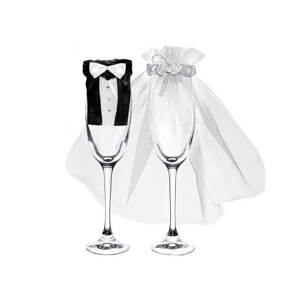 PartyDeco Svatební oblečky na skleničky nevěsta a ženich