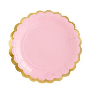 Růžový papírový talíř se zlatým lemem - 6 ks